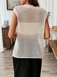 Chiquease Loose Casual Knitted Vest With Fishnet Design, Perfect For Spring And Autumn - Khaki - View 2