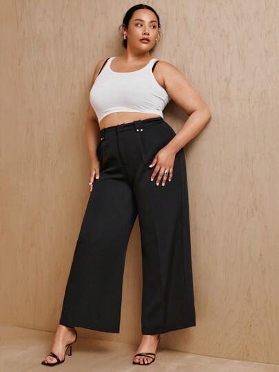 MONSE Designer Women Plus Wide Belt Loop Pants, Fall, For Autumn & Winter, Holiday, Festival