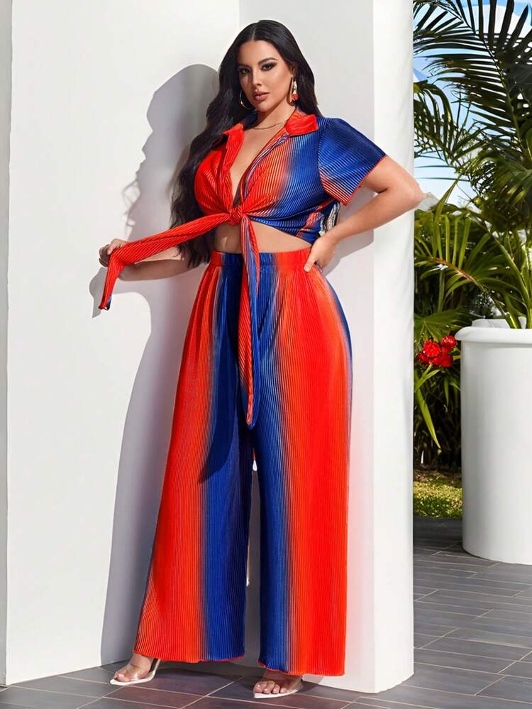 Plus Size Women's Casual Streetwear Short Sleeve Top With Front Knot Detailing And Wide-Leg Pants, Suitable For Summer, Date Night, Birthday, Bachelorette Party Outfit, Casual, Shopping, Streetwear, Going Out, Vacation, Beach, Easy To Match&Looks Slim, Flatter The Figure