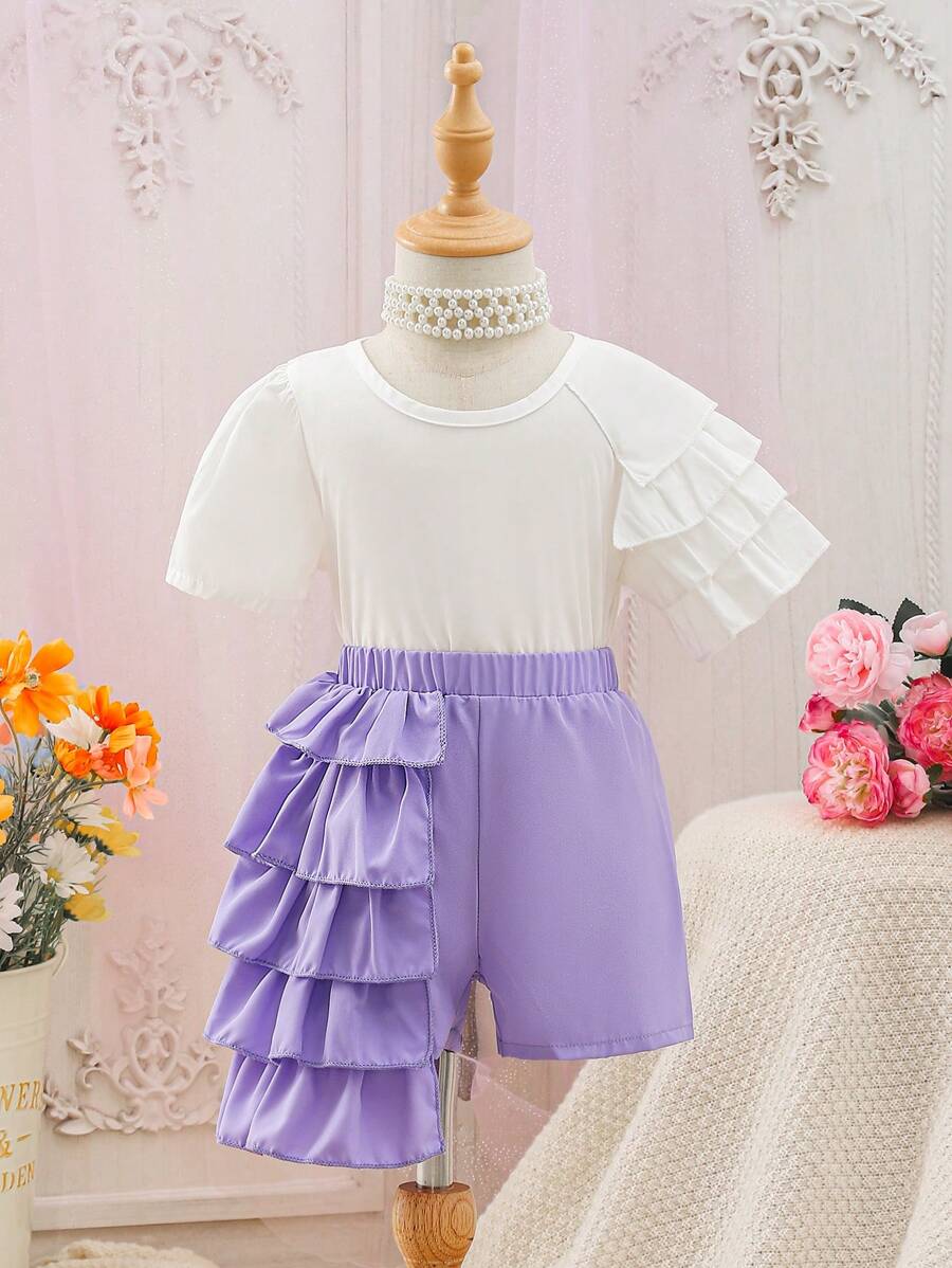 SHEIN 2入組嬰兒女孩優雅時尚紫色/白色多層蕾絲裝，適用於春夏季節