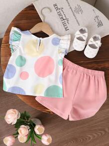 SHEIN 女婴圆点印花蝴蝶结前褶饰衬衫和短裤 - 彩色 - 查看 2