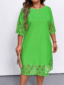 SHEIN LUNE 夏季激光剪裁休闲连衣裙 - 綠色 - 查看 1