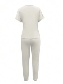 INAWLY Solid Batwing Sleeve Tee & Drawstring Waist Sweatpants Without Bag - Beige - View 2