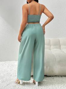 Firerie Plus Size Casual Elegant Dinner Teacher Outfit, Crop Wrap Cami Top And Wide Leg Long Pants Two-Piece Set