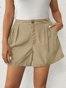 Flirla Plus Solid Wide Leg Shorts For Dailywear - Khaki - View 4