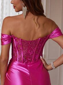 Off Shoulder Sparkly Mermaid Prom Dresses Long With High Slit Lace Formal Evening Gowns For Women Zipper Back With Train - Coral Pink - View 4