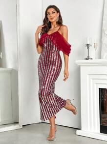 SHEIN Belle Burgundy Red Cold Shoulder Contrast Mesh Sequin Bridesmaid Dress