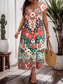 EMERY ROSE 随机印花大码圆领复古夏季连衣裙新年服装长款女装西装 - 紅色 - 查看 3