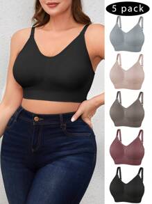 5pcs/Set Plus Size Solid Color Simple Wirefree Bra