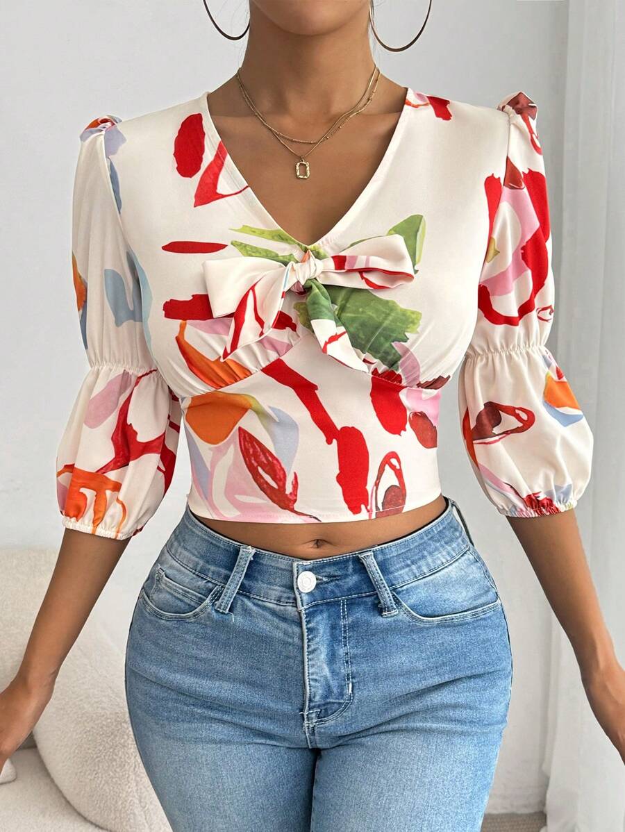Chiquease Graphic Print Knot Front Crop Blouse For Summer - Multicolor - View 1