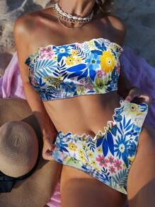 SHEIN Swim 女士夏季抹胸比基尼泳装套装，随机印花，两件套泳衣 - 彩色 - 查看 1