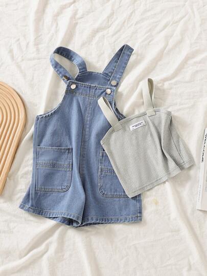 SHEIN 年轻女孩纯色吊带背心和字母拼贴细节双口袋连体衣