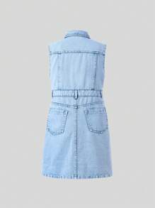 SHEIN Tween-Mädchen Personalisiertes Design Denim Kleid mit geschnittener Taille, lässiger Streetstyle, hellblau verwaschen, ärmellos - Helle Waschung - Übersicht 2