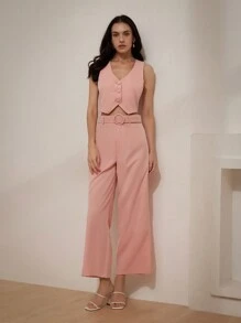 SHEIN BIZwear Chaleco rosa elegante para mujer de unicolor con cinturón ancho en la cintura, traje elegante para el estilo de oficina - Rosa - Ver 6