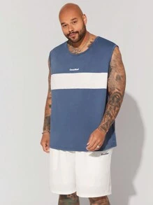 EASEVO 2pcs/Set Men's Plus Size Casual Knitted Letter Patchwork Sleeveless Top And Shorts Set, Mid-Waist Straight-Cut, Suitable For Summer, Daily Wear - Multicolor - View 5