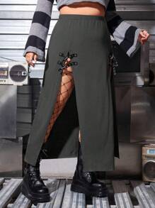 ROMWE PUNK Plus Lace Up Front Split Thigh Skirt - Grey - View 5