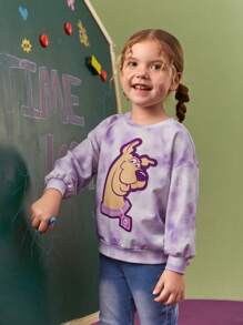 SCOOBY-DOO X SHEIN Felpa con cappuccio Tie-Dye viola stampata con cartoni animati di ragazze giovani, dolce e carina maglietta casual per la primavera e l'autunno
