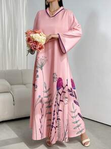 Al Najma 花卉印花對比邊緣阿拉伯連衣裙 - 粉色 - 查看 4