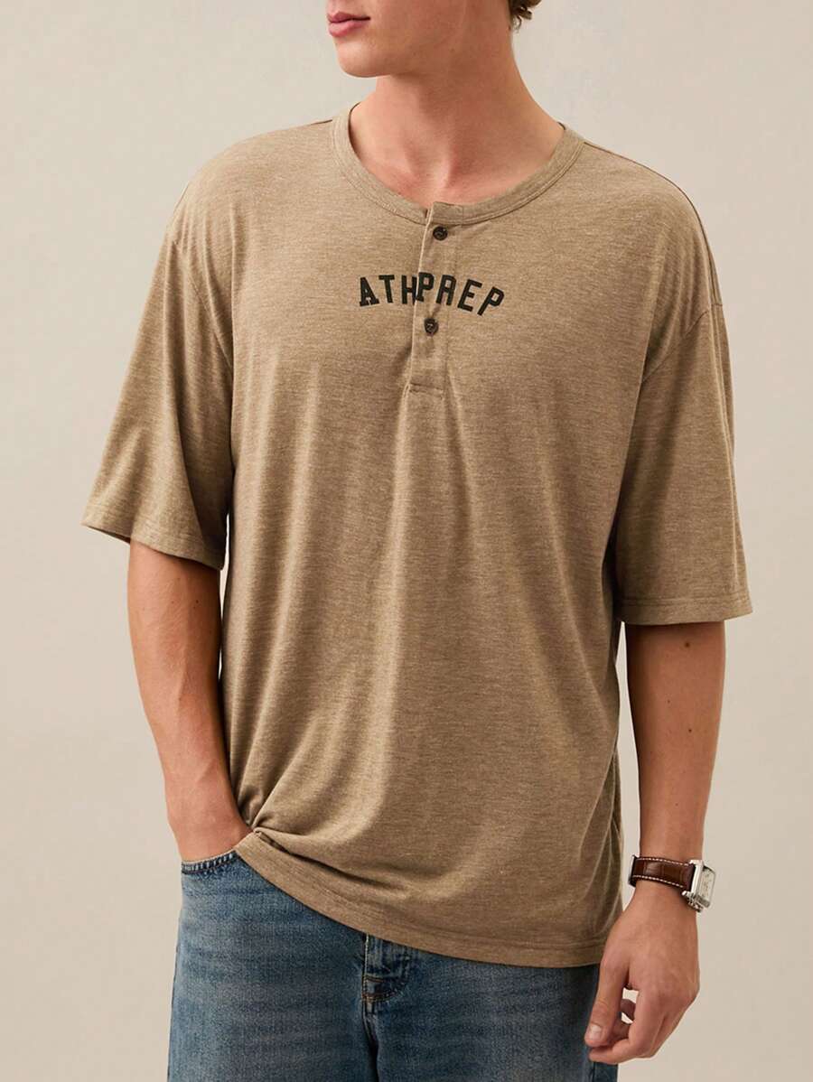 Manfinity VCAY Men's Loose Fit Short Sleeve Polo Shirt With English Printed Pattern, Suitable For Summer,Back To School - Brown - View 1