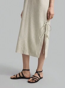 Ontre Women Deep V-Neck Loose Side Slit Tied Waist Midi Dress,Office Lady Working Dress,Fall Season - Khaki - View 5