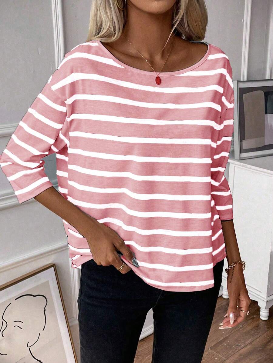 SHEIN LUNE Striped Print Drop Shoulder Tee For Summer Graphic Tees Women Tops Fall Cloth For Women