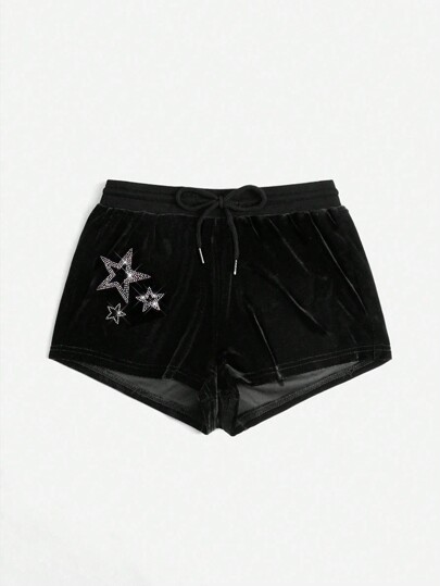 Grunge Punk Fashionable Summer Drawstring Waist Shorts With Rhinestone Star Embellishment