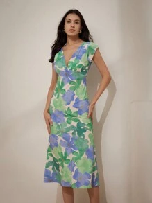 Aveloria Rosie Vestido de verano elegante con mangas cortas con diseño floral aleatorio y escote en forma de V profundo