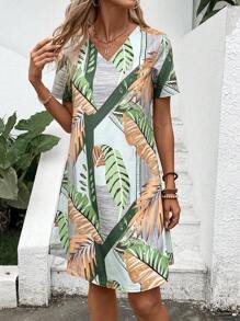 INAWLY Women's Summer Holiday Casual Plant Printed Short Sleeve Dress