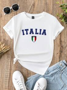 SHEIN Essnce Italy Shirt, Italia Shirt, Italia T-Shirt, Italian Flag Tee, Italia, Italia Clothes, Italian Sayings, Travel Shirt, Vacation Shirt,Girl Trip,Casual And Simple Loose Fit Short Sleeve Women's T-Shirt With Letter Print, Ideal For Summer Suitable For Going Out - White - View 3