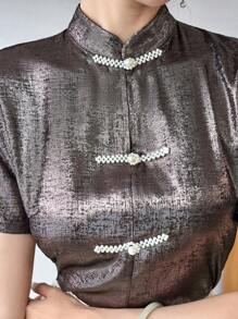 Modelyn Chinese Frog Button Front Short Sleeve Solid Elegant Blouse, Hanfu Tops - Black - View 6