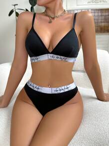 SHEIN Letter Tape Bra & Panty Lingerie Set - Black - View 1