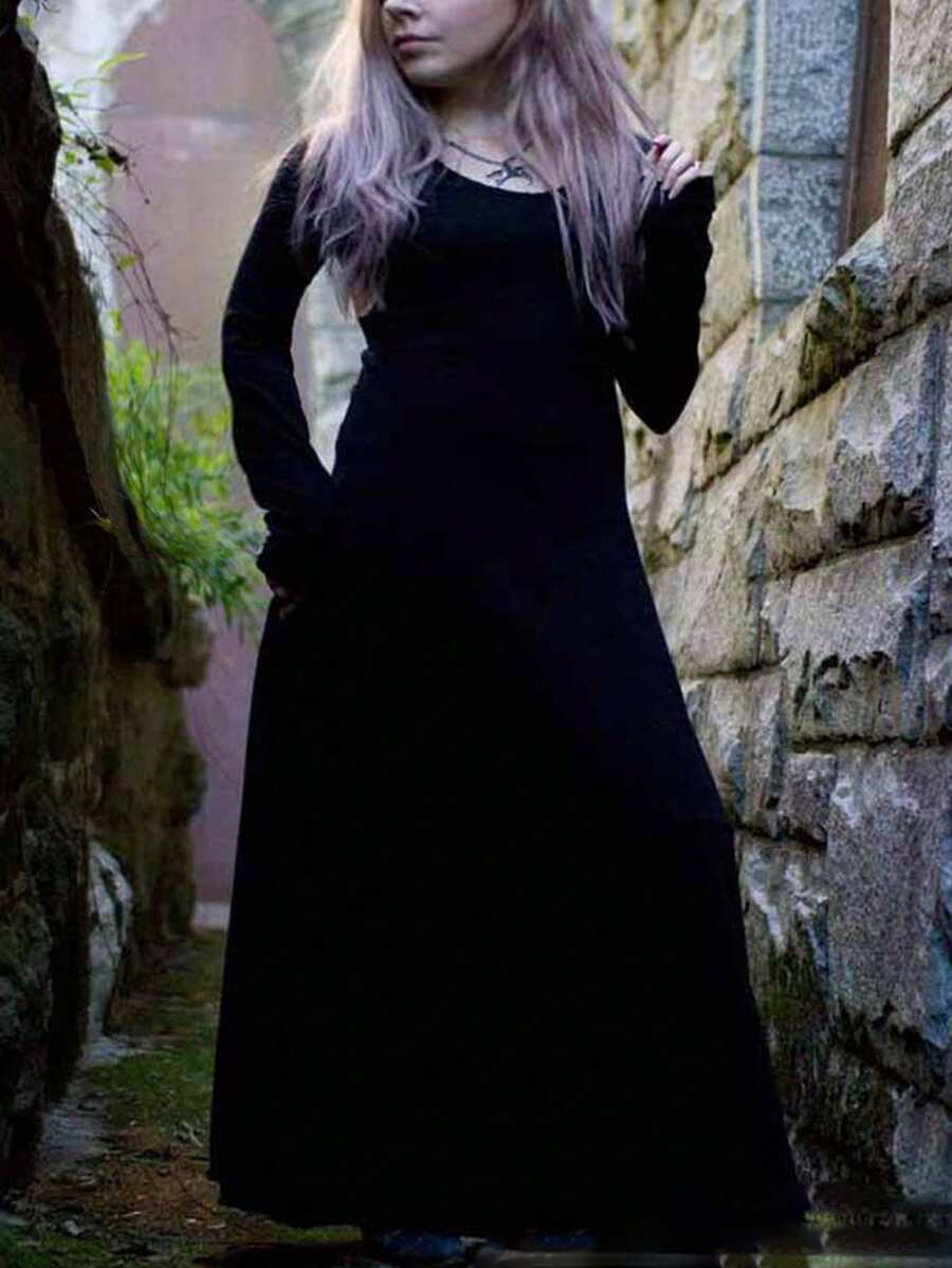 Plus Size Gothic Style Black Long Sleeve Dress - Black - View 1