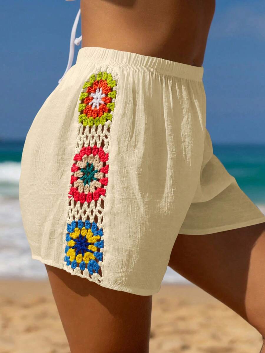 SHEIN Swim Summer Cover Up- Crochet Flower Patchwork Shorts On The Side (Random Color Crochet Flower Patchwork For Each Piece) - Apricot - View 1