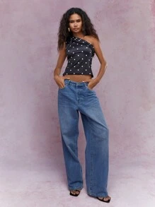 MISSGUIDED Jersey Polka Dot Ruched One Shoulder Top One Shoulder Top - Black and White - View 4