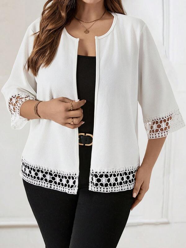 EMERY ROSE Plus Size White Jacket With Water-Soluble Lace Patchwork,Fall Women Clothes
