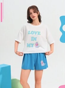 Letter Graphic Drop Shoulder Tee & Shorts PJ Set / Pajama Set - Multicolor - View 5