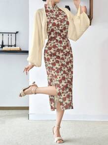 Modelyn Top boléro unicolore et ensemble Cheongsam avec imprimé floral Hanfu, ensemble Hanfu