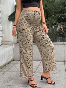 SHEIN Maternity Loose Floral Printed High Waist Flowy Wide Leg Pants For Spring And Summer Holiday - Khaki - View 3