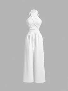 SHEIN MOD Ladies' White Knitted Elasticized Ruched Halter Wide Leg Jumpsuit, Women Rompers,Women Jumpsuits,Old Money,Halter Jumpsuit - White - View 1