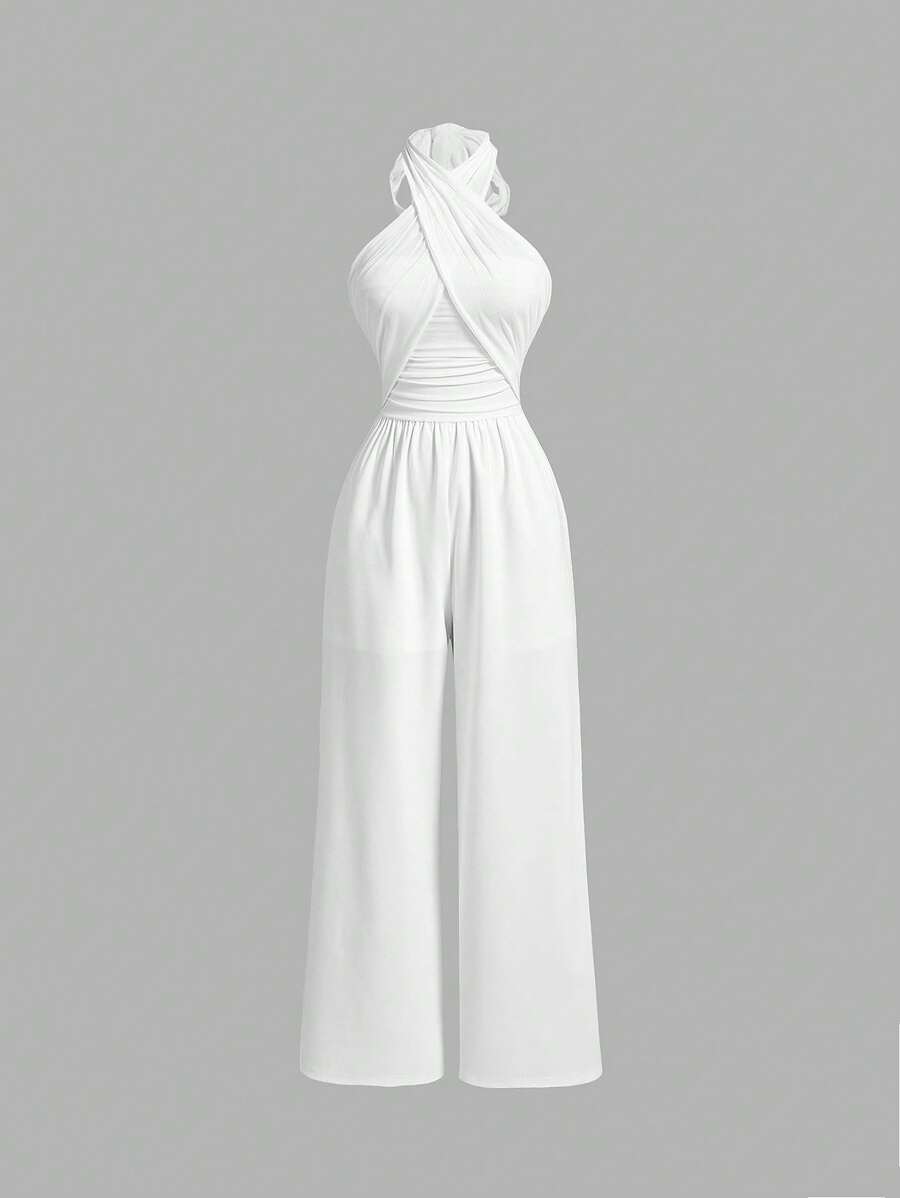 SHEIN MOD Ladies' White Knitted Elasticized Ruched Halter Wide Leg Jumpsuit, Women Rompers,Women Jumpsuits,Old Money,Halter Jumpsuit - White - View 1