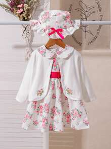 Conjunto de 3 piezas para niña bebé que incluye: chaqueta de manga larga con bordado de flores de encaje, vestido sin mangas con cuello Peter Pan, y gorro con lazo. Con cinturón, cierre con cremallera, estampado de hojas de plantas y volantes. Lindo, cómodo, elegante y casual. Nuevo lanzamiento para primavera, otoño e invierno.