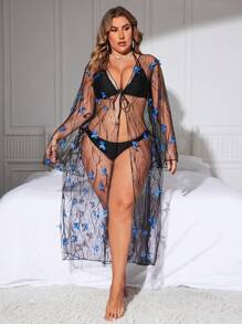 SHEIN Swim Curve 夏季大尺碼蝴蝶裝飾前綁式和服外套