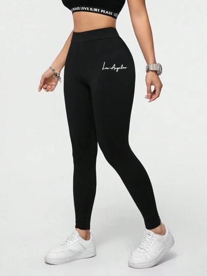 SHEIN Essnce Leggings de deporte para mujer, tejido casual de verano de punto, ajustado al Body