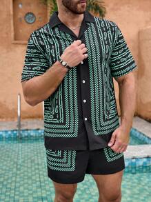 Manfinity Swimmode 男士幾何印花襯衫和束腰短褲沙灘套裝 - 黑色 - 查看 5