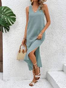 Breezaya Solid Slit Side Plain Tank Dress - Blue - View 4