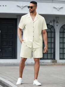 Manfinity Homme Men Plus Solid Button Up Shirt & Shorts For Summer - Beige - View 7
