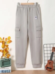 SHEIN 青少年男孩字母图案翻盖口袋侧抽绳腰部运动裤