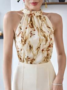 Modelyn Marble Print Halter Neck Fashion Chiffon Top For Summer, Improved Hanfu Top