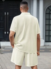 Manfinity Homme Men Plus Solid Button Up Shirt & Shorts For Summer - Beige - View 2