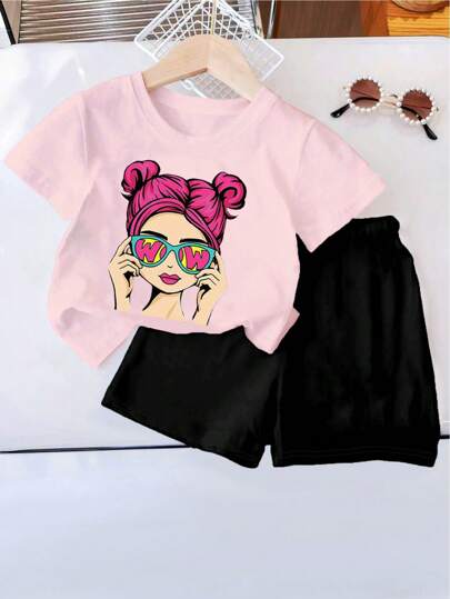 SHEIN 2pcs Baby Girls' Cute & Cool Printed Casual Comfortable Short Sleeve T-Shirt And Shorts Set For Daily Wear, Summer